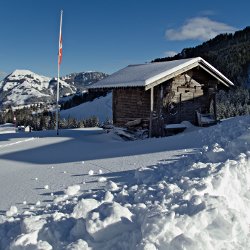 alter Holzschuppen in Berg- und Schneelandschaft